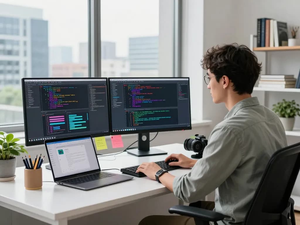 Spicy AI research workspace with a developer coding innovative applications in a modern office environment.