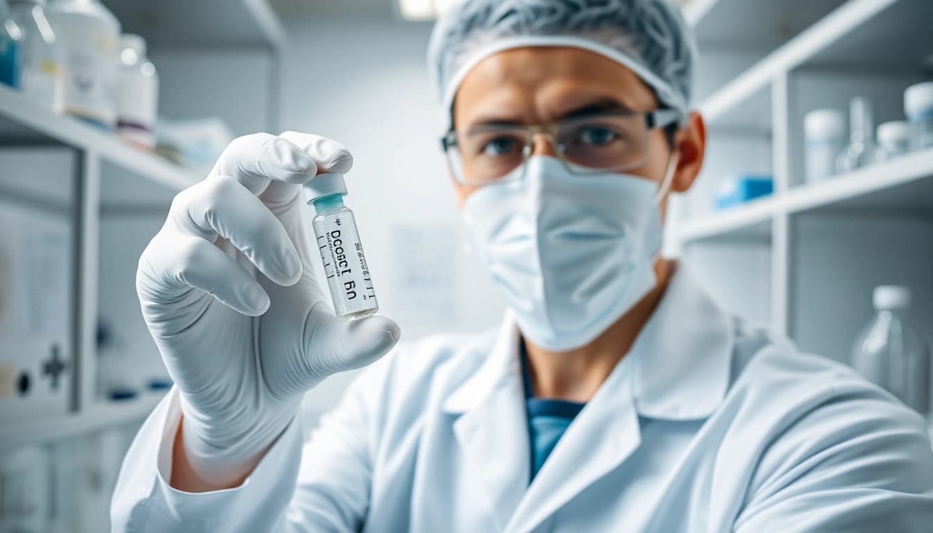 Technician showcasing Peptides UK vial in a modern laboratory with clinical precision.