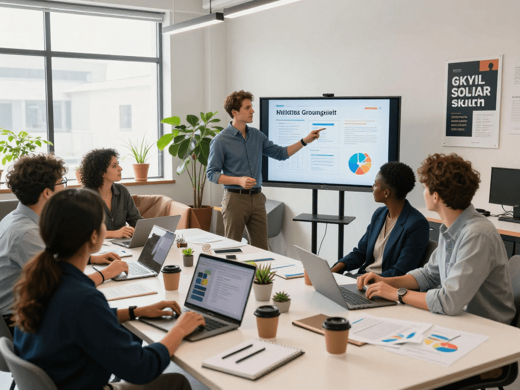 Online promotion strategies being discussed in a modern coworking space.