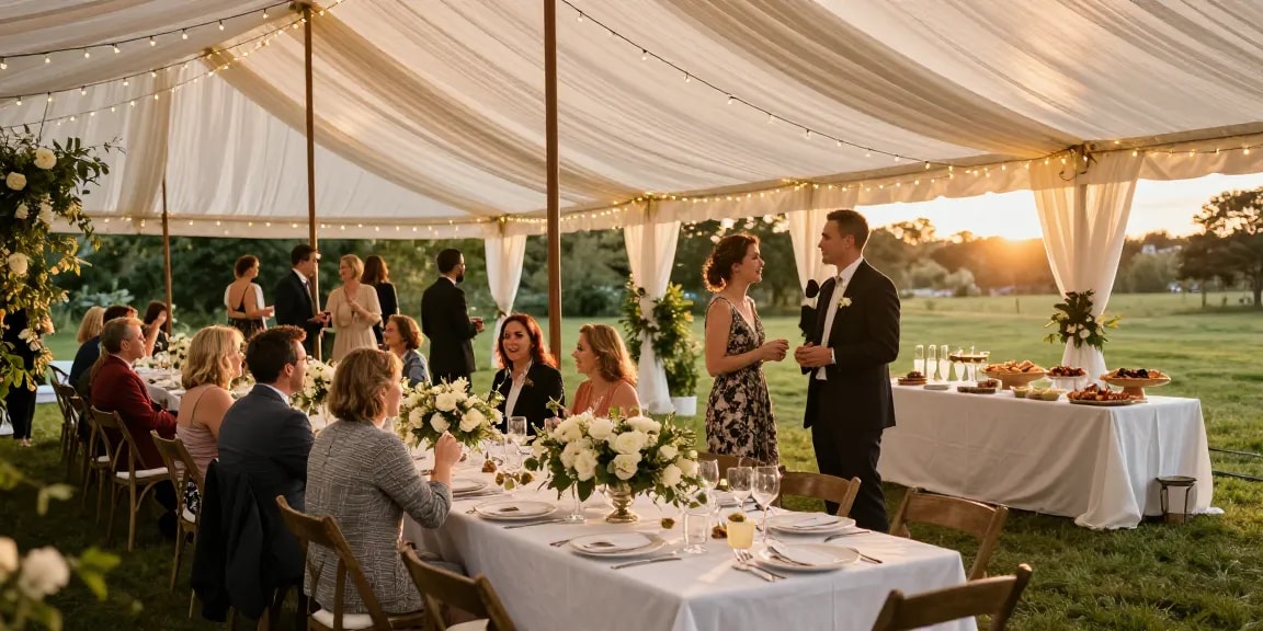 Stunning marquee hire London wedding event with guests and elegant decor.