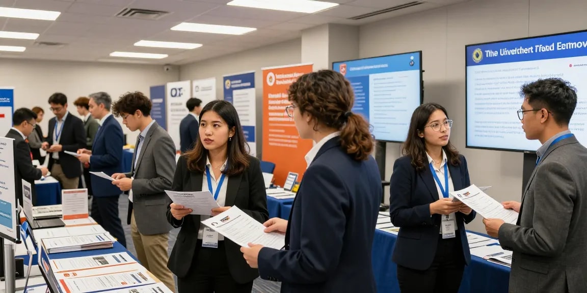 University and trade schools graduates networking at a career fair, showcasing ambition and professional connections.