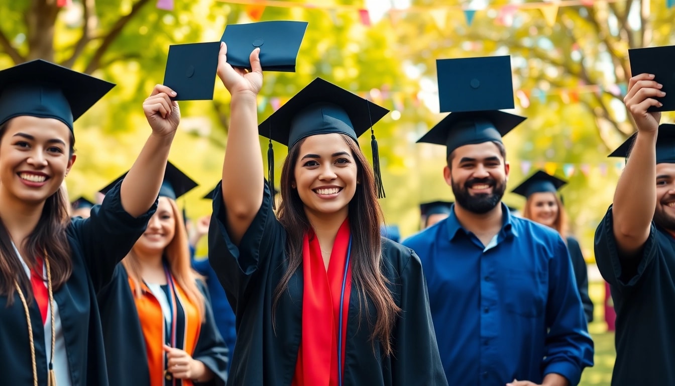 Graduates joyfully celebrating their success outdoors in vibrant caps and gowns.