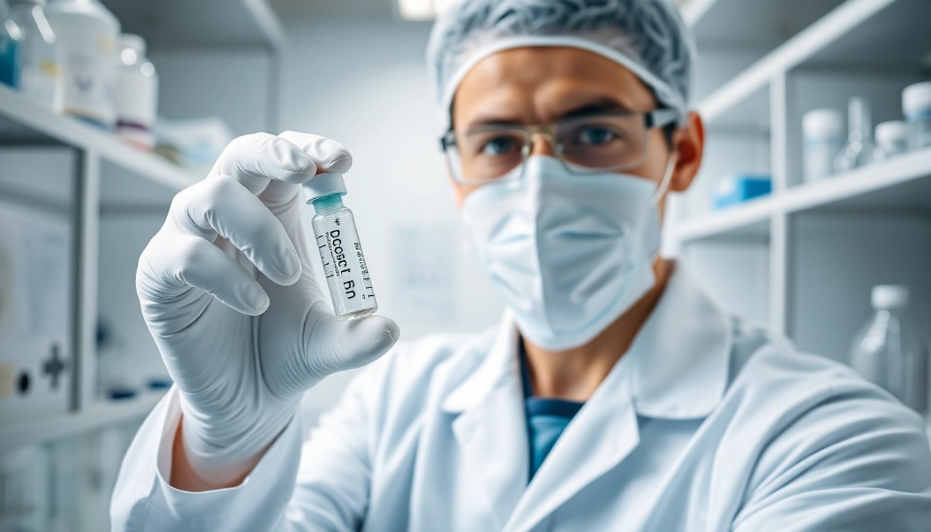 Technician showcasing Peptides UK vial in a modern laboratory with clinical precision.