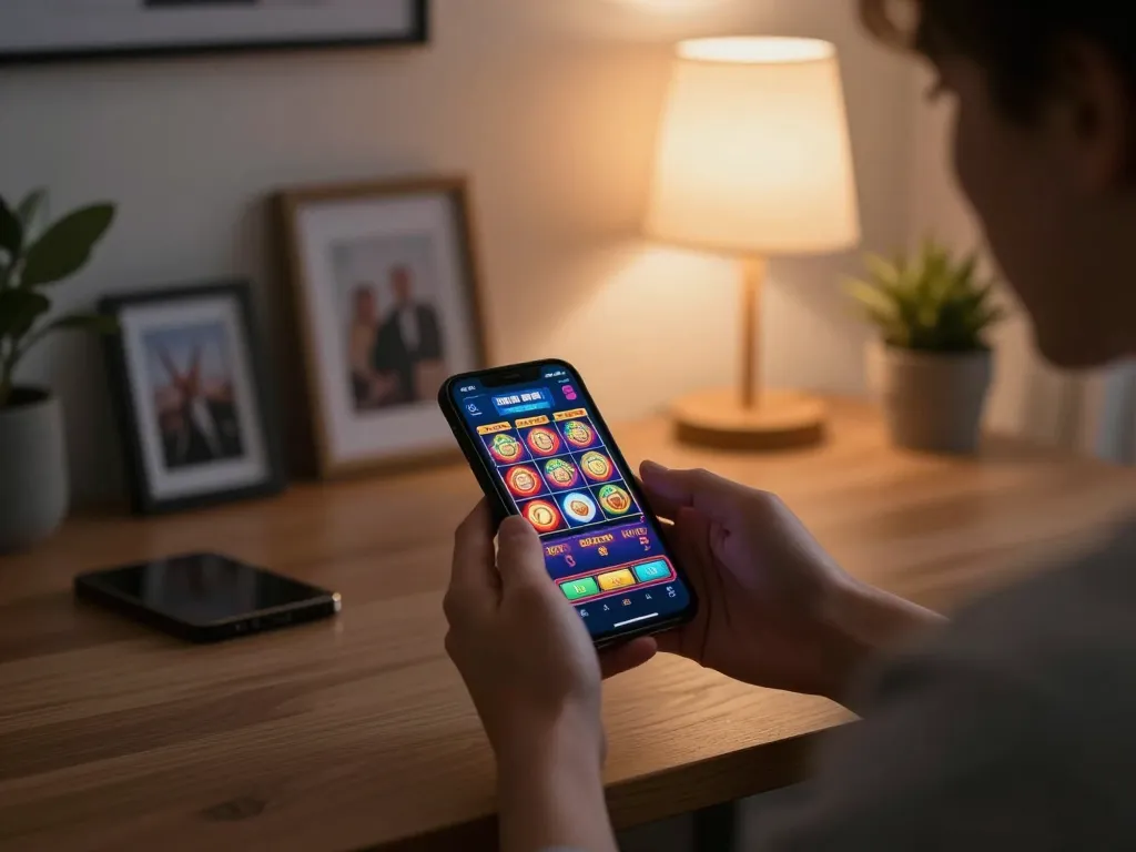 Hbet user playing slots on mobile app in cozy living room, showcasing engaging online gambling
