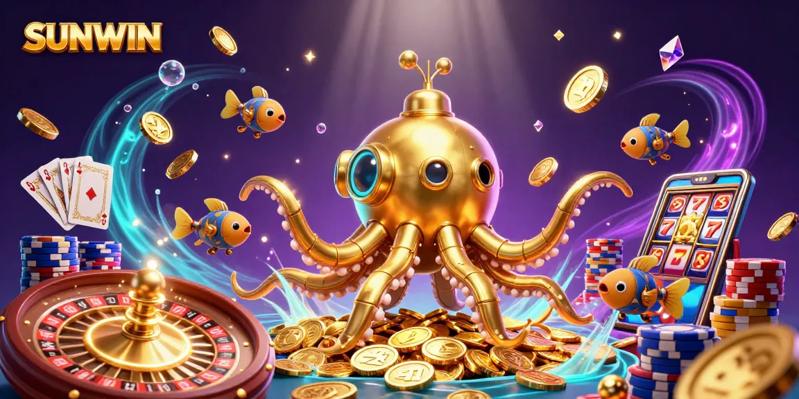 SUNWIN showcases an exciting gambling adventure with golden kraken submarine and sparkling coins.