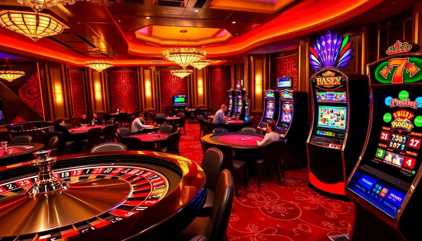Experience the thrill of gameplay at kim88 in a lavish casino setting with poker tables and a vibrant roulette wheel.