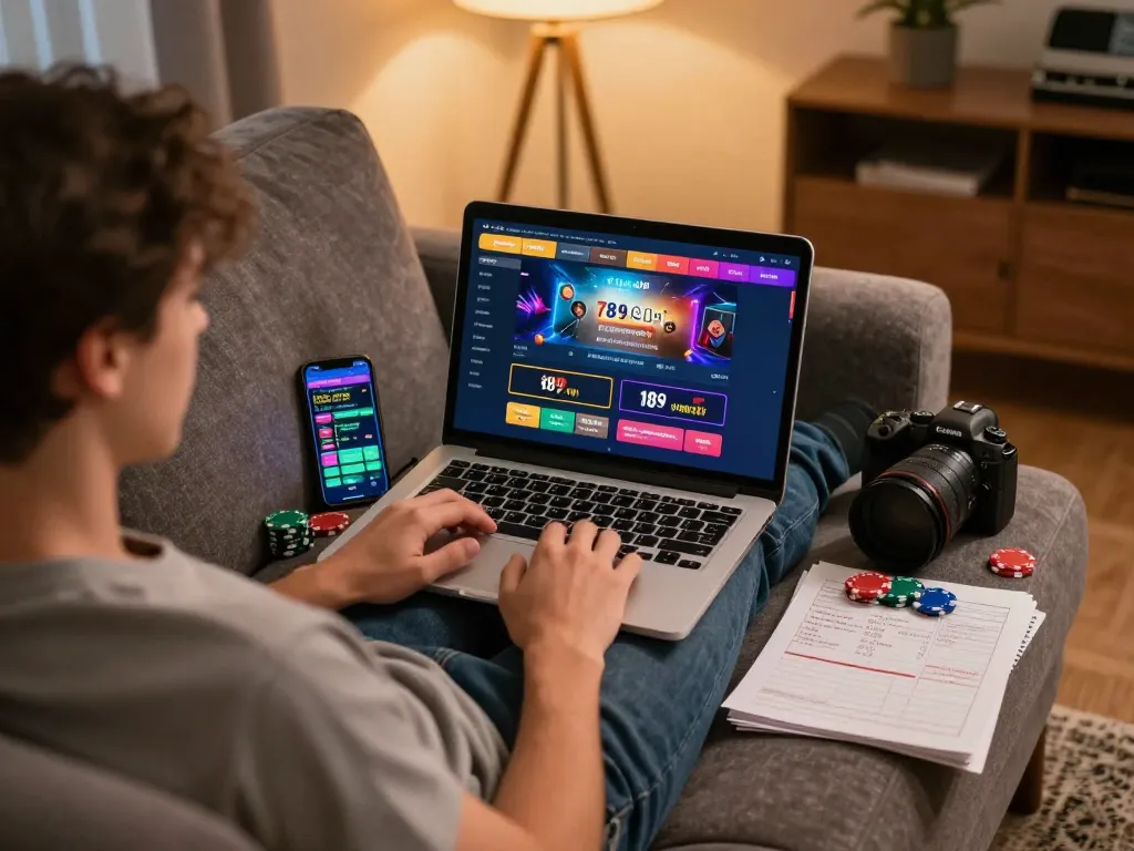 Engaged player exploring 789 Club gaming options on a laptop in a cozy home setting.