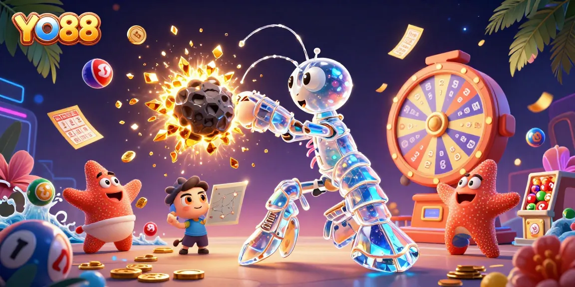 Experience YO88's excitement as the mantis shrimp battles for coins in a vibrant casino scene.