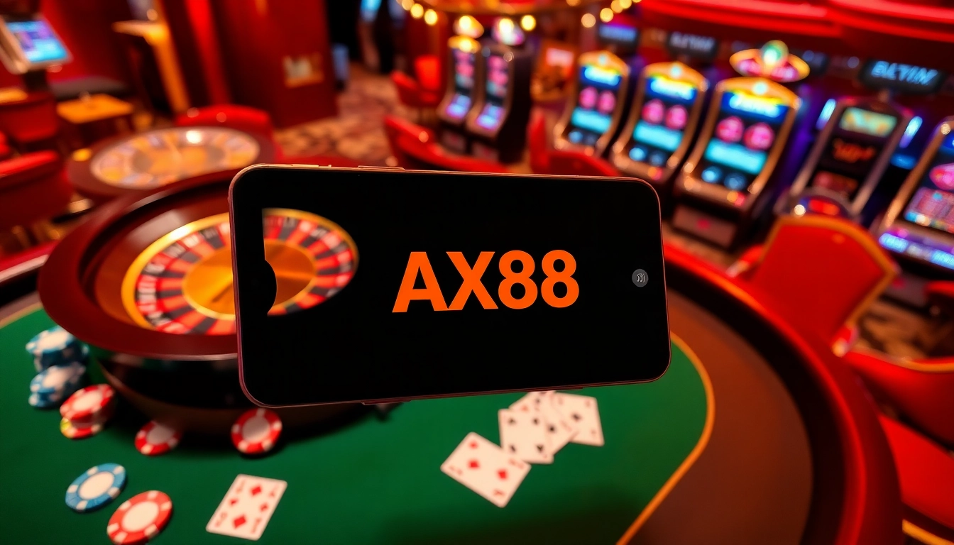 Engage with the AX88 APP showcasing a vibrant casino atmosphere with roulette and poker elements.