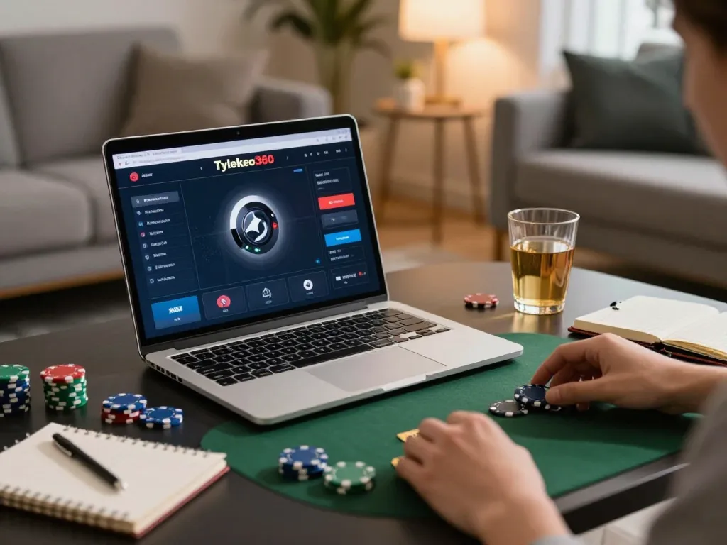 Tylekeo360 users engaging in online betting with a modern setup and strategic notes.