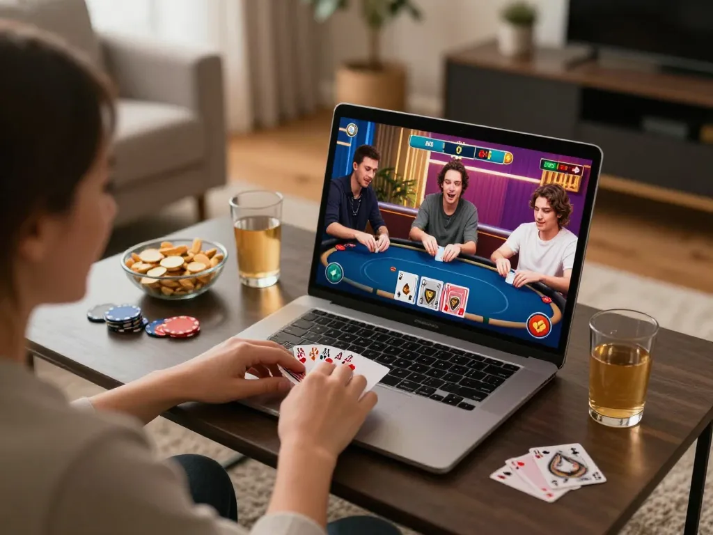 Players enjoying an ok win poker game on a laptop in a cozy living room setting, showcasing fun and strategy.