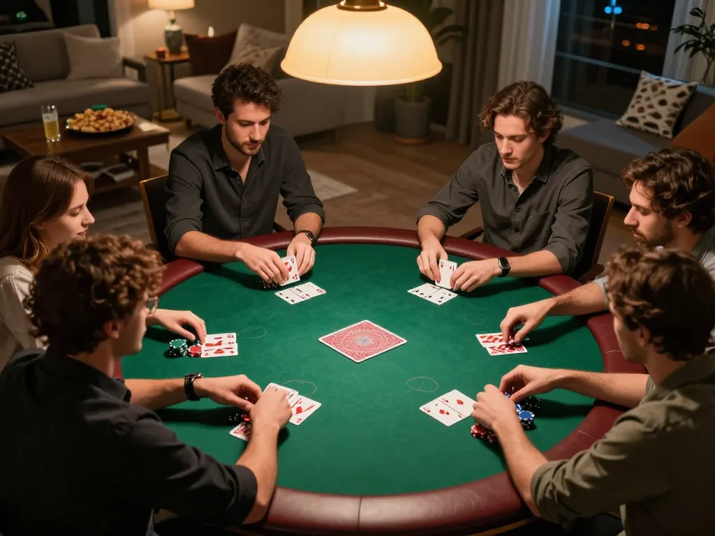 Soi kèo strategy analysis during a home poker game with friends engaged in friendly competition.
