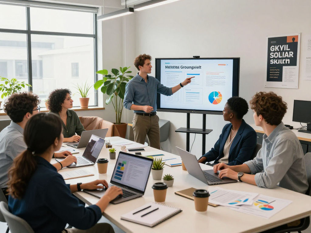 Online promotion strategies being discussed in a modern coworking space.