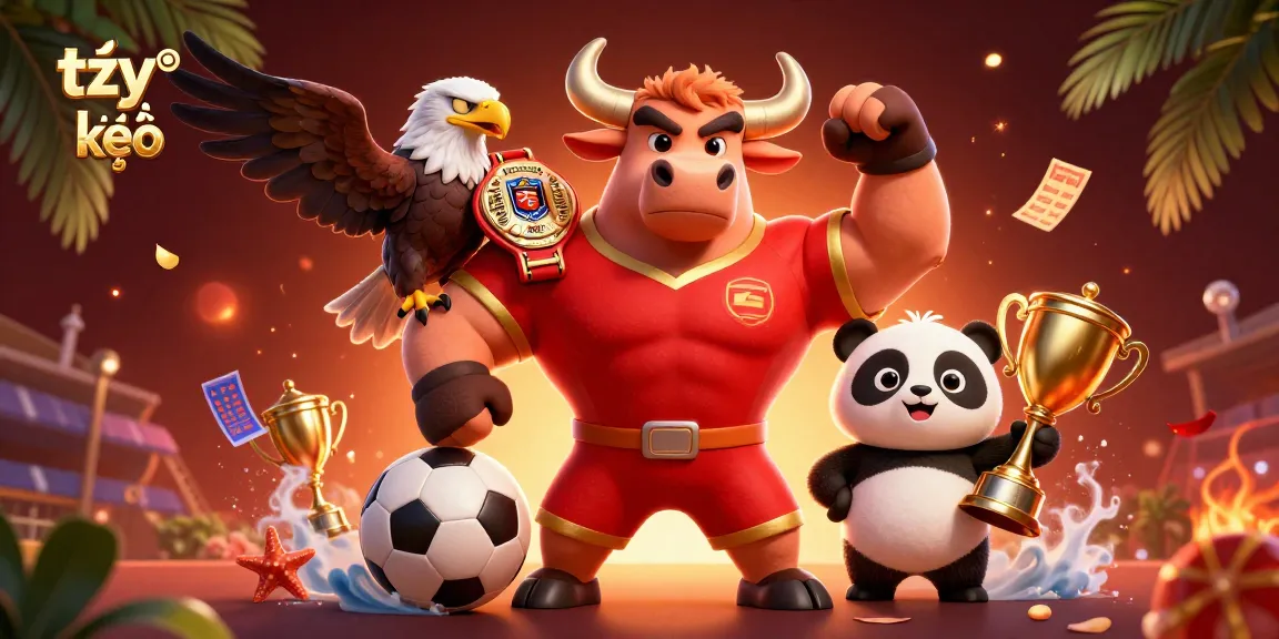 Exciting display of tỷ lệ kèo with bull mascot, eagle, and panda celebrating sports betting victory