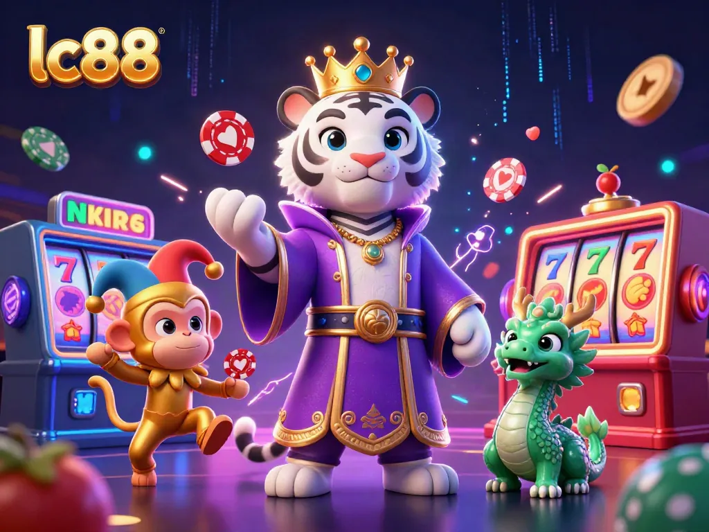 Enter the vibrant world of lc88, where a majestic tiger and a playful monkey enjoy a dynamic casino scene.