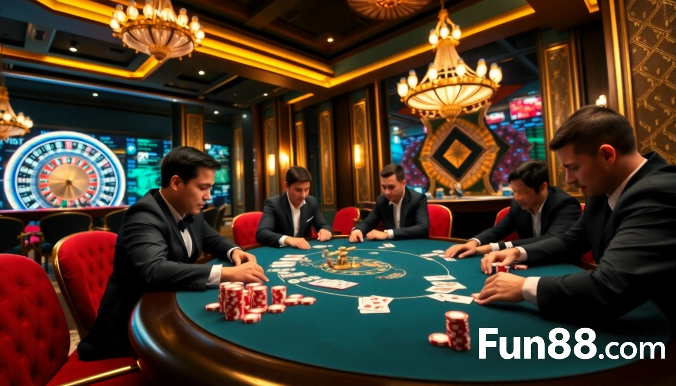 Engaging poker gameplay at Fun88.com with vibrant chips and an elegant atmosphere.