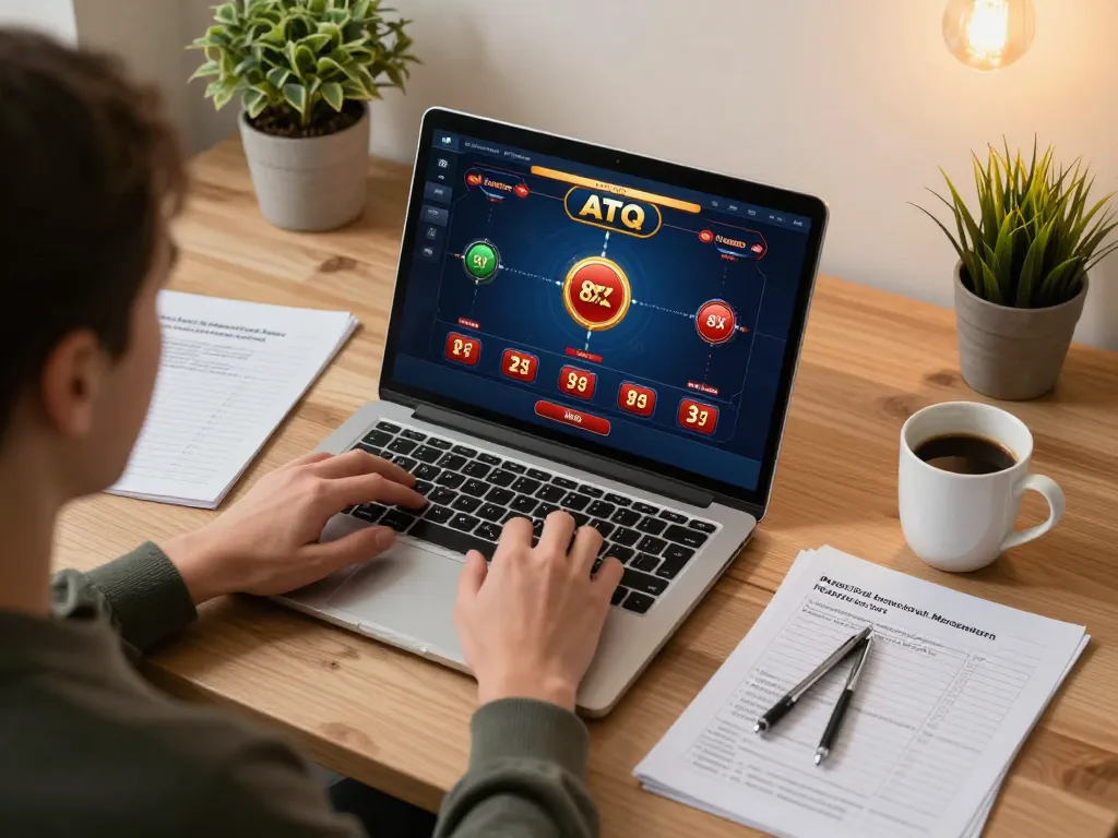 Engaging player strategizing on ATQ 8xx poker using laptop in cozy home workspace.