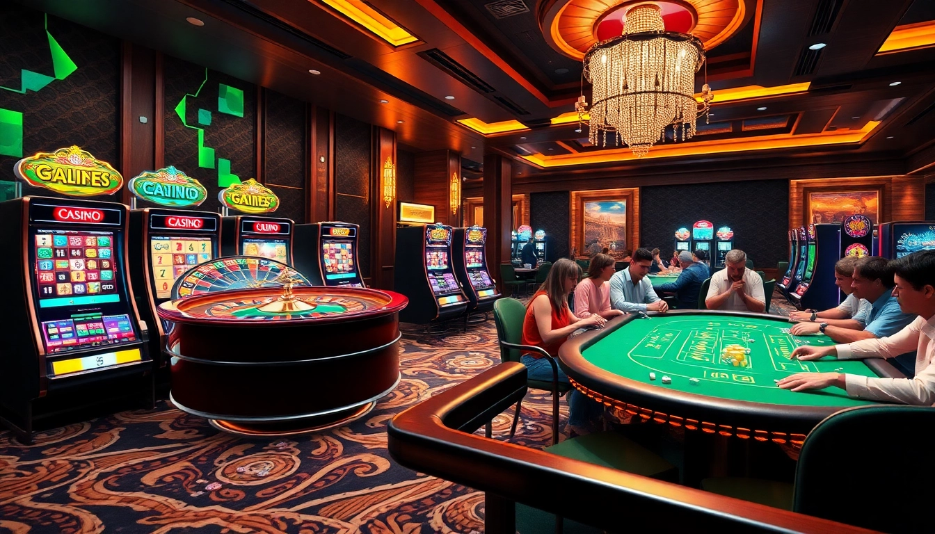 A dynamic gaming scene depicting online gambling elements at https://kim-88.app/, featuring roulette, slots, and enthusiastic players.