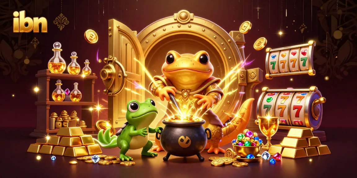 ibn's giant golden salamander alchemist transforms base metals into gold, surrounded by vibrant casino elements.