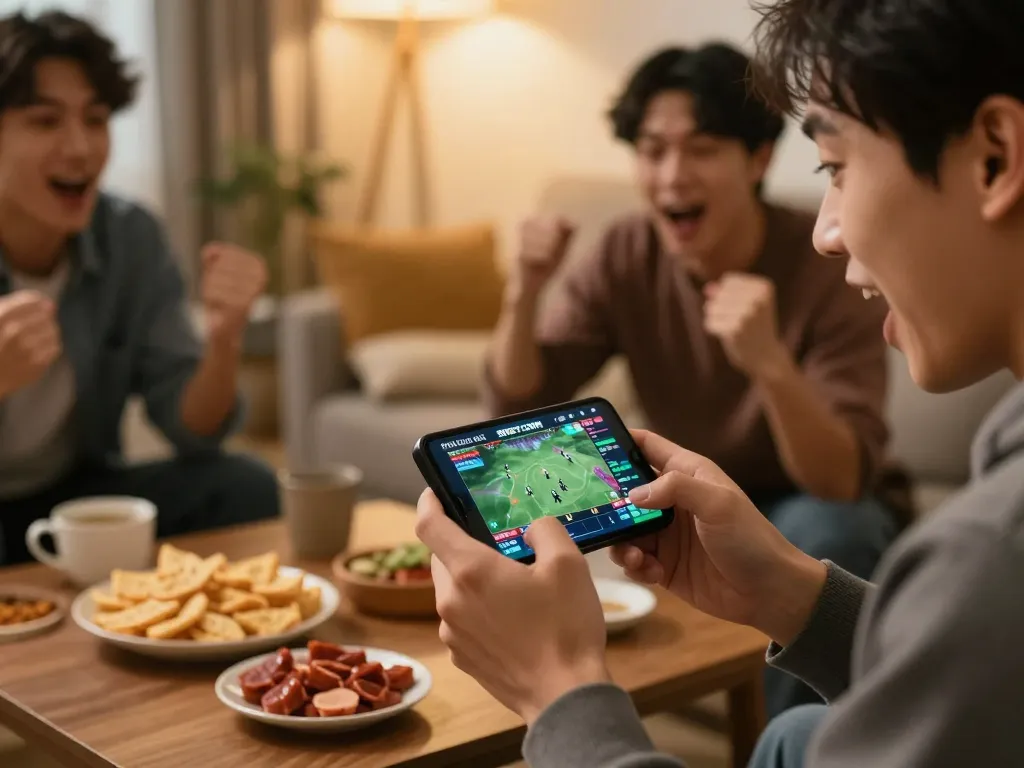 Place sports bets on SHBET COM using smartphone during a lively home gathering.