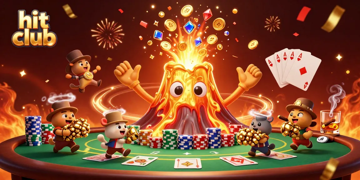 Experience the thrill at hit club with a vibrant 3D volcano erupting coins and treasure, showcasing poker elements.