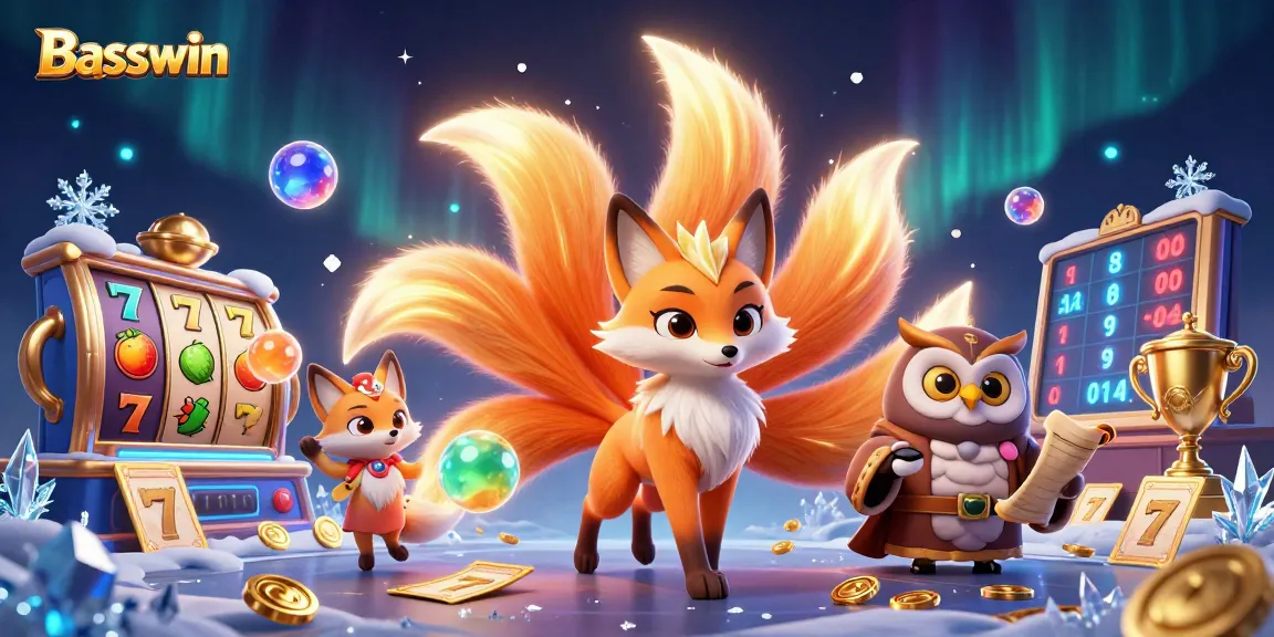 Basswin captivates with a colorful nine-tailed fox and wise owl in a vibrant casino environment.