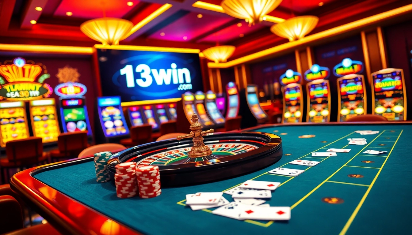 Engage with high-stakes action at 13win.com with a rich casino table showcasing poker chips and cards.