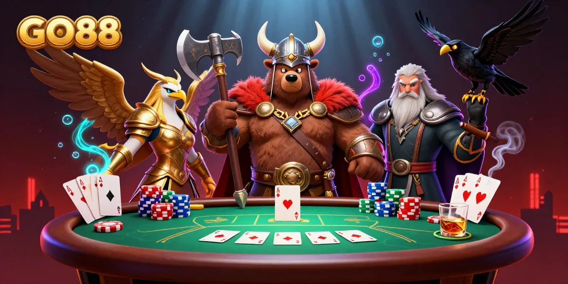 GO88 players enjoy intense games with Viking characters at a vibrant poker table.