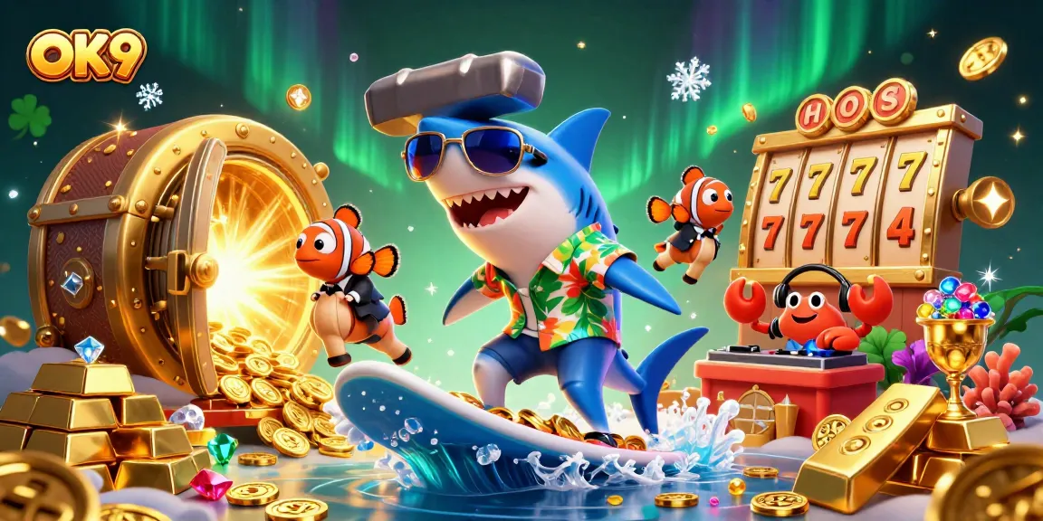 Engage with OK9's thrilling casino adventure featuring vibrant characters, gold coins, and dynamic slot elements.