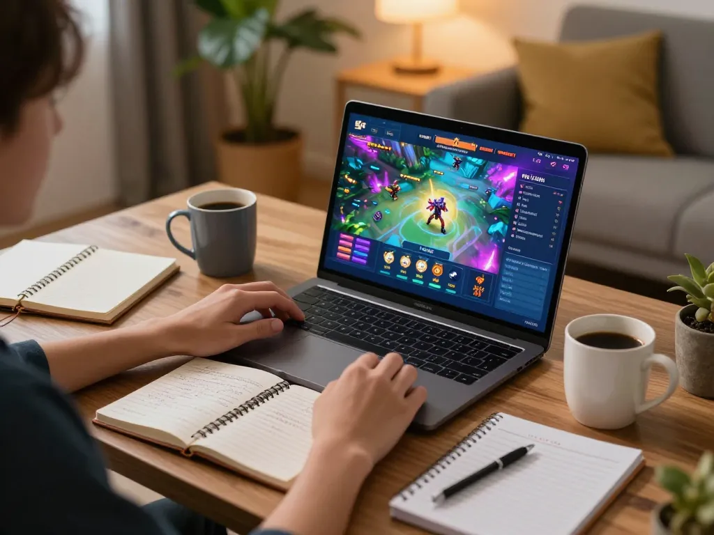 Engaging with a game nổ hũ on a laptop, enjoying strategy notes in a cozy home setup.