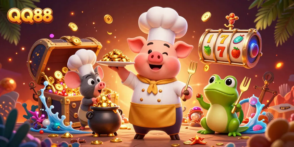Experience QQ88 gaming excitement with chef pig and sous-chef mouse in this vibrant casino scene.