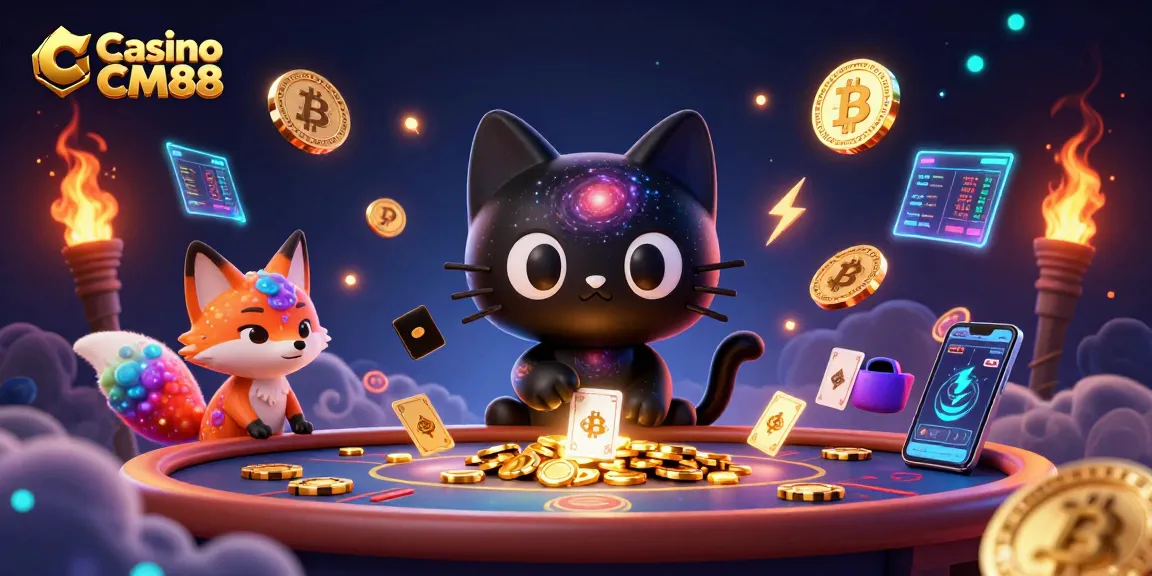 Engage with Casino CM88 in a vibrant cosmic gaming scene featuring a black hole cat and nebula fox.