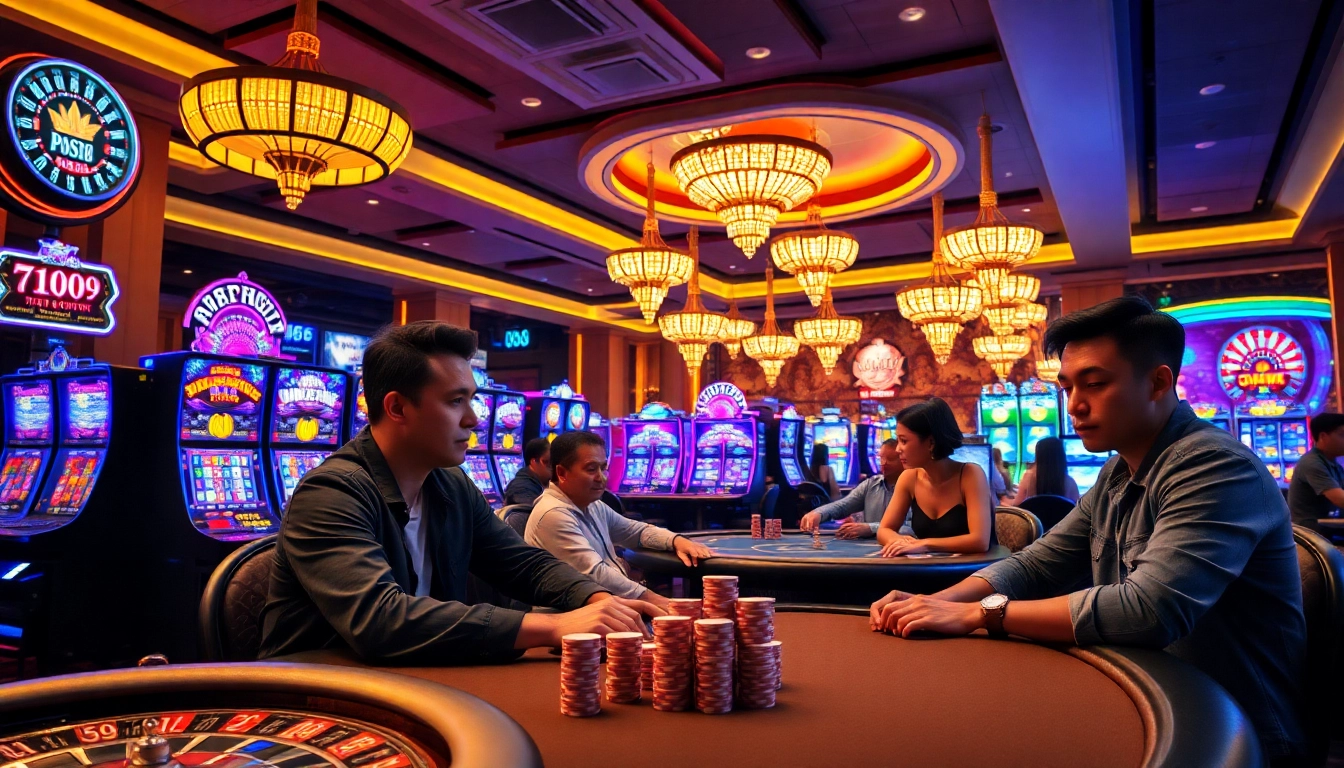 Engaged players at fun88 trang chủ casino with vibrant slot machines and poker tables in a luxurious atmosphere.