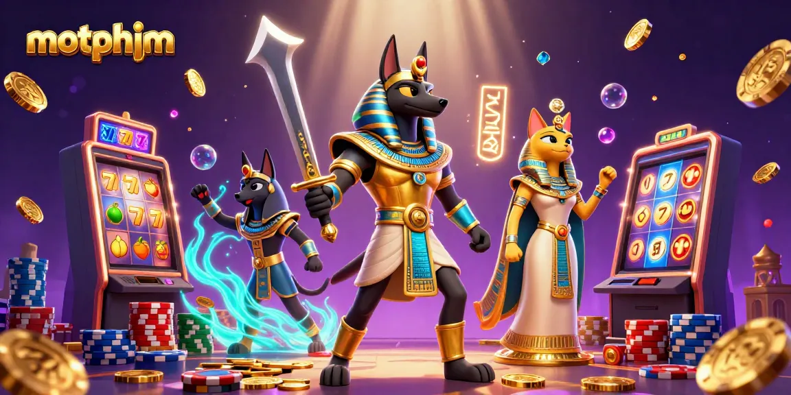 Experience motphim action with vibrant slot machines and Egyptian warriors in a dynamic casino scene.