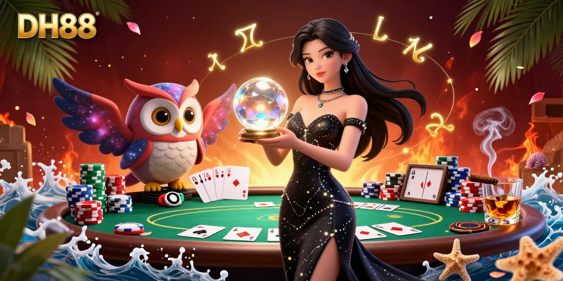 Play poker at DH88 with a glamorous scene featuring a mystical woman and owl amidst vibrant game elements.