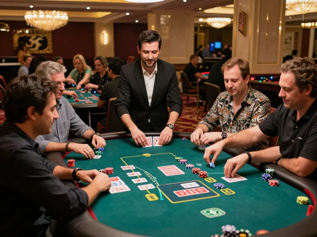 A lively 3Win casino floor scene showing players engaged in poker, emphasizing excitement and strategy in gameplay.