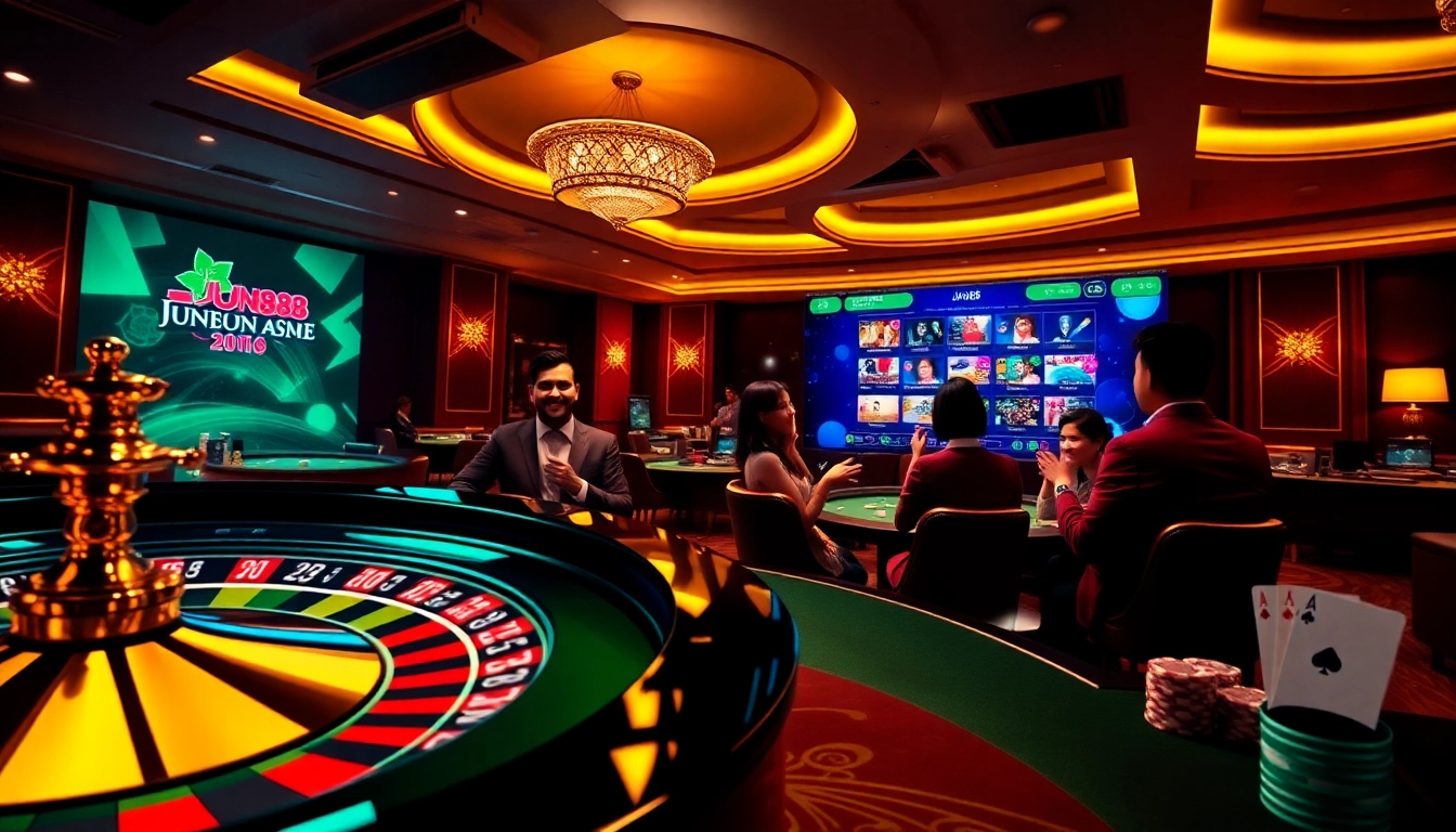 Experience link vào jun88 as players engage with casino games in a vibrant and luxurious online betting environment.
