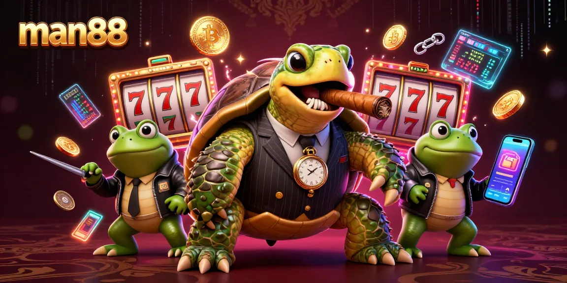 Experience thrilling slots with man88 in a vibrant scene featuring a snapping turtle and bullfrogs.