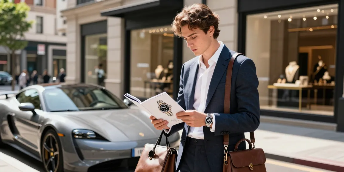 A fashionable individual examining a Rolex replica catalog in front of a modern boutique.