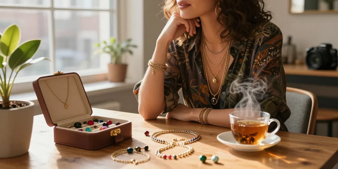 Stylish woman layering necklaces in a cozy apartment, showcasing layering necklaces uk trend.