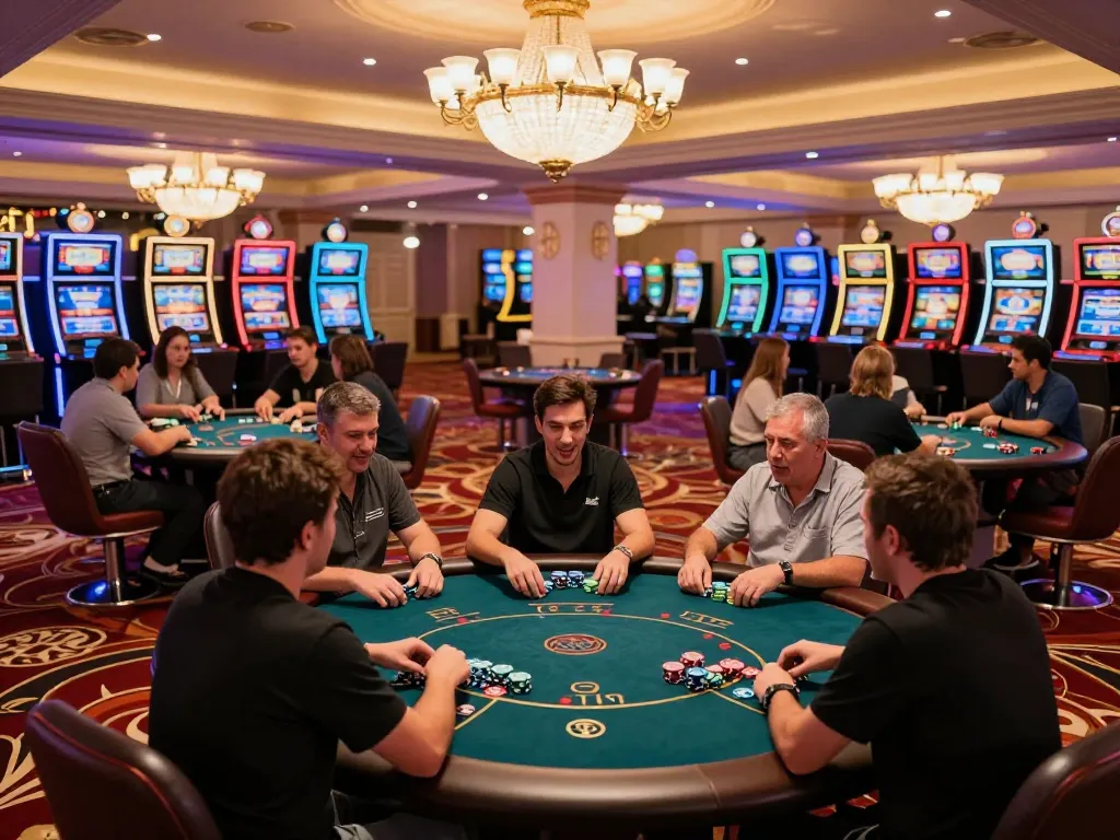Players strategizing at Luck8 poker tables amid vibrant casino ambiance