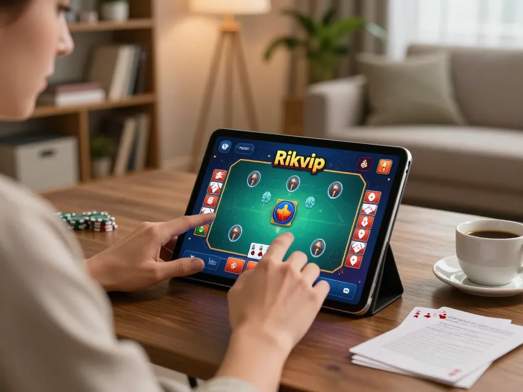 Engaged player enjoying rich gaming experience on Rikvip tablet in stylish home setting