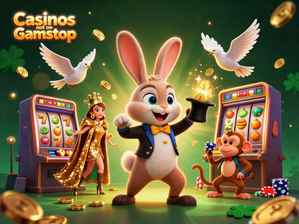 Engage with Casinos not on Gamstop in a vibrant 3D scene featuring a magician rabbit and gaming elements.