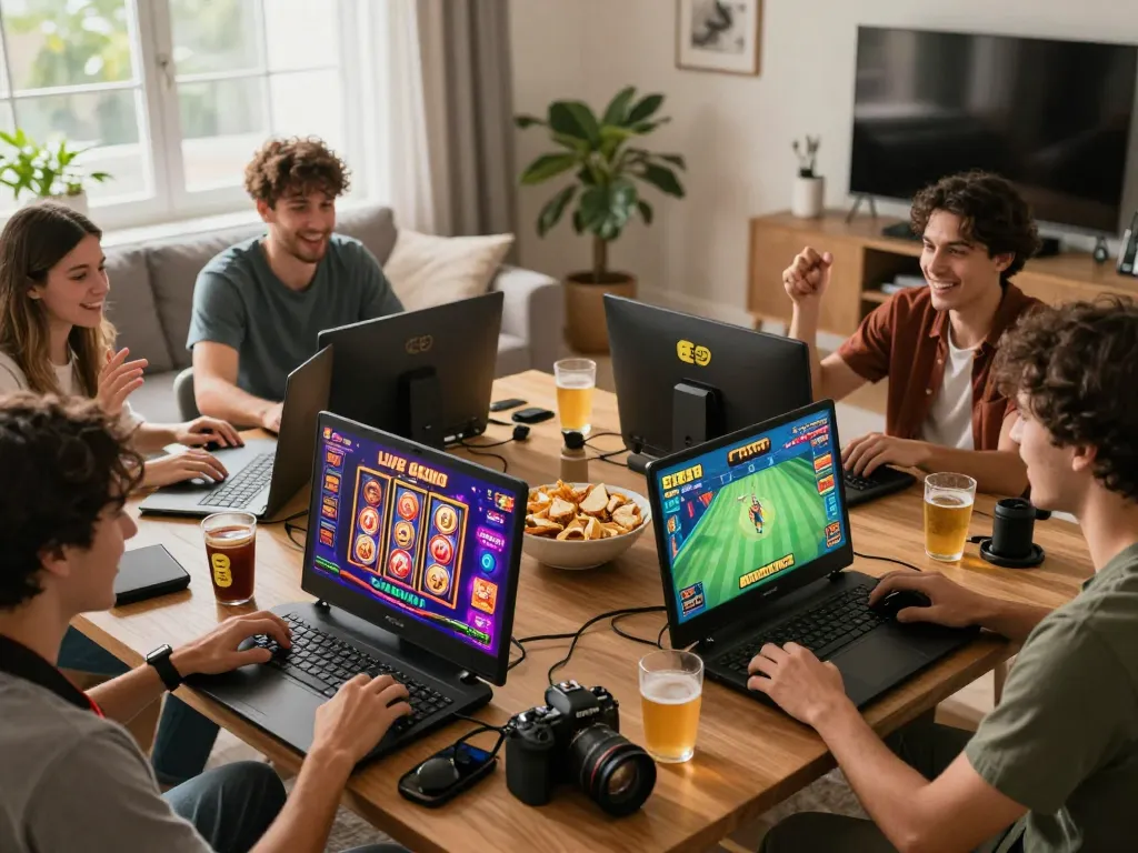 Friends enjoying gaming on EE88 platform in a cozy setting, showcasing diverse games and vibrant atmosphere.