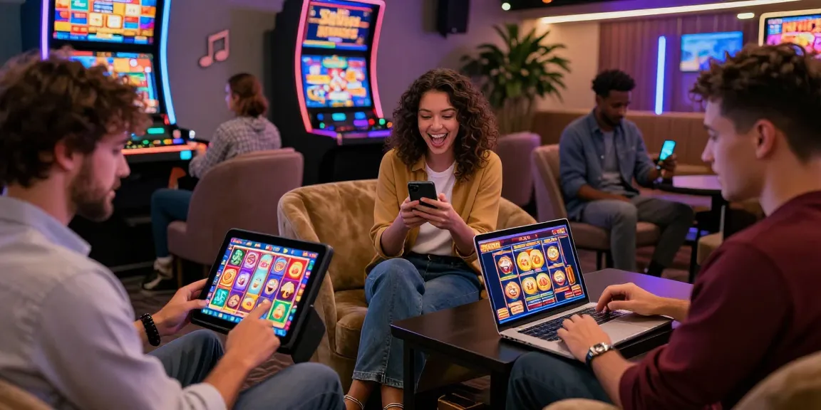 Diverse players engaging with non UK slot sites in a modern casino lounge, showcasing dynamic gameplay and excitement.
