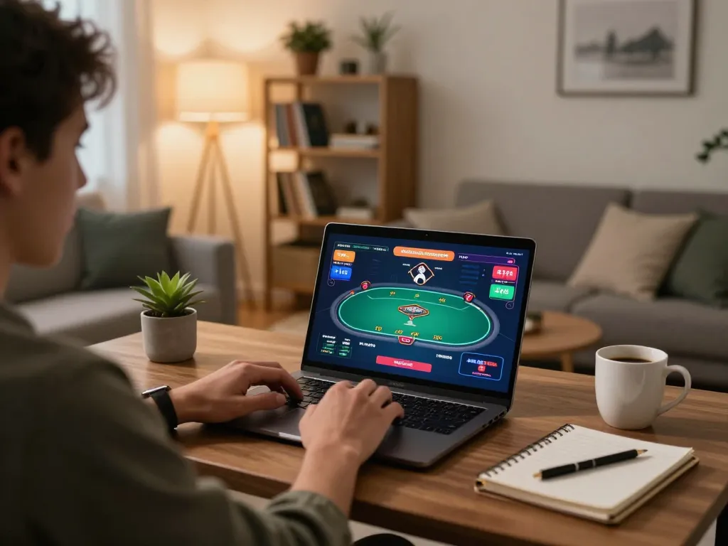 Cổng game 789Club: Engaging poker gameplay displayed on laptop in cozy home setting.