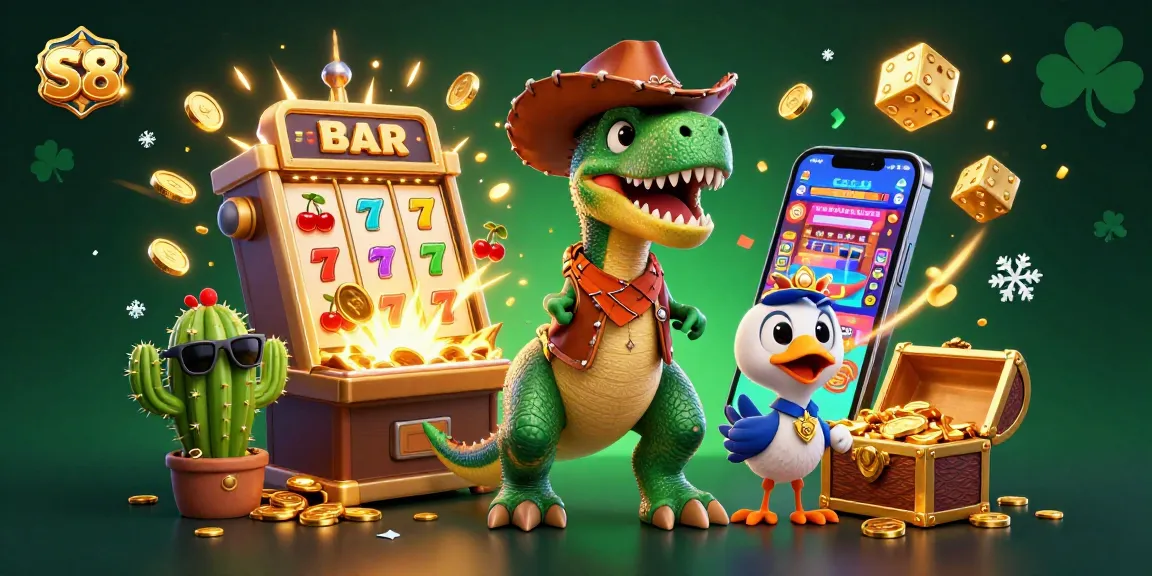S8 casino characters celebrate with a jackpot, showcasing action-packed gaming with vibrant colors.