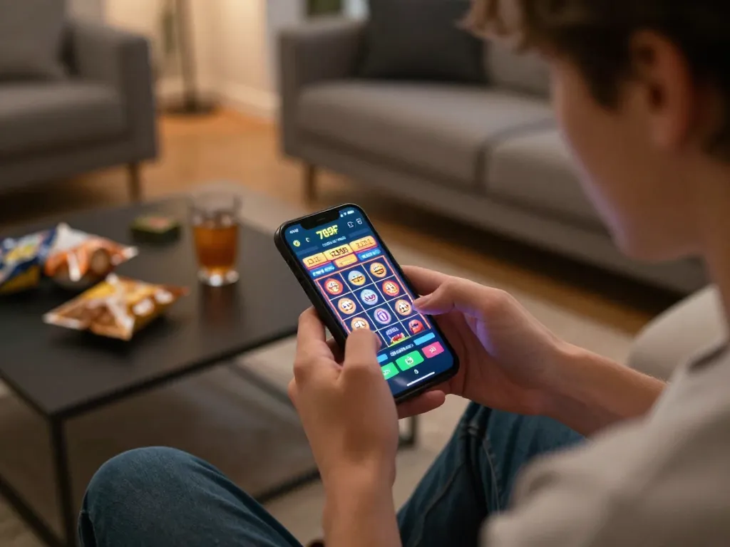 Player enjoying slots on 789F app in a cozy home environment with snacks and drinks