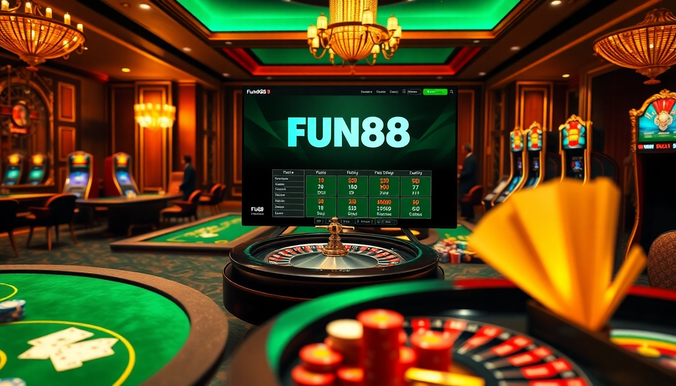 Fun88 online casino scene featuring poker tables, roulette, and vibrant slot machines, inviting players.