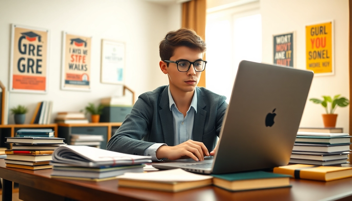 Pay someone to take GRE for me as a focused student studies in a cozy setting.